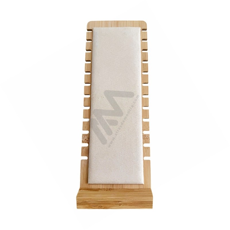 Wooden jewelry display stand with beige fabric