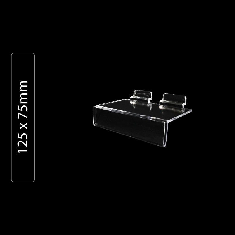 Acrylic Shelf with Display for Slatwall Panel 125x75mm Acrylic Shelf with Display for Slatwall Panel 125x75mm
